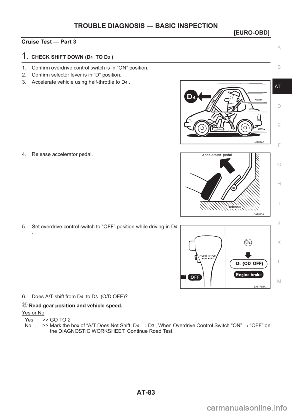 NISSAN X-TRAIL 2001  Service Repair Manual TROUBLE DIAGNOSIS — BASIC INSPECTION
AT-83
[EURO-OBD]
D
E
F
G
H
I
J
K
L
MA
B
AT
Cruise Test — Part 3
1.CHECK SHIFT DOWN (D4  TO D3 )
1. Confirm overdrive control switch is in “ON” position.
2.