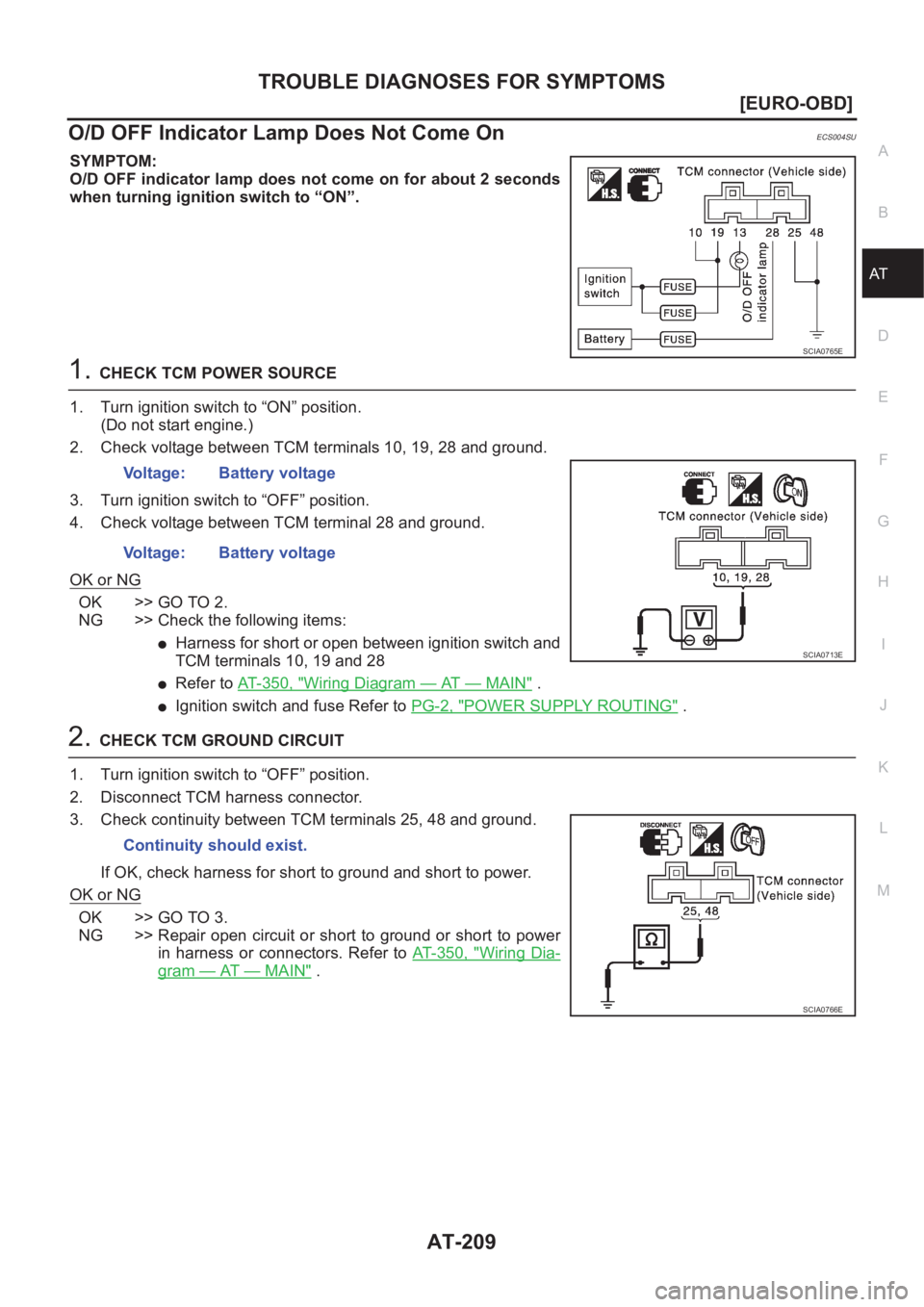 NISSAN X-TRAIL 2001  Service Repair Manual TROUBLE DIAGNOSES FOR SYMPTOMS
AT-209
[EURO-OBD]
D
E
F
G
H
I
J
K
L
MA
B
AT
O/D OFF Indicator Lamp Does Not Come OnECS004SU
SYMPTOM:
O/D OFF indicator lamp does not come on for about 2 seconds
when tur