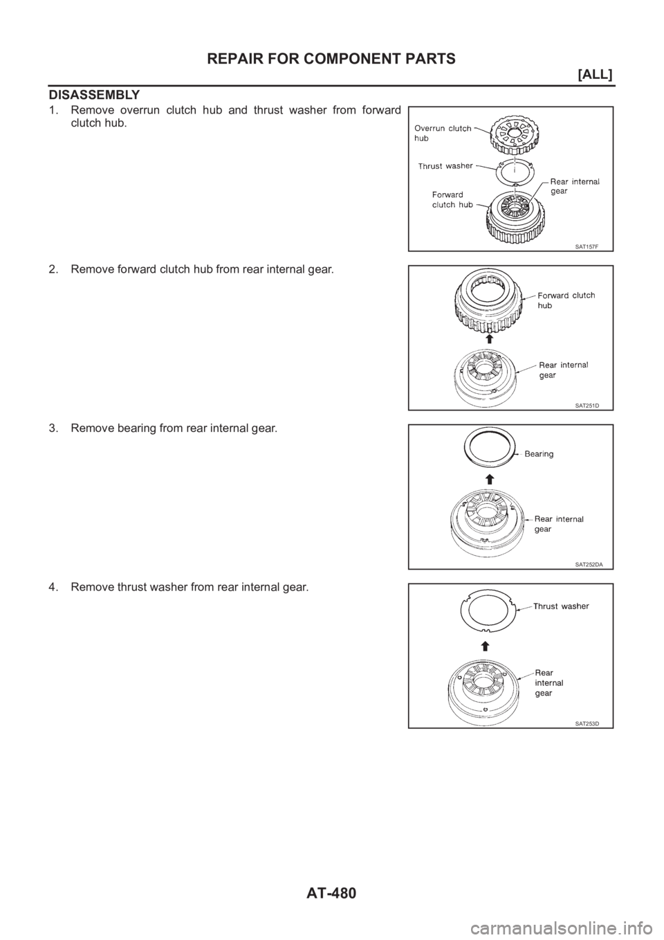 NISSAN X-TRAIL 2001  Service Repair Manual AT-480
[ALL]
REPAIR FOR COMPONENT PARTS
DISASSEMBLY
1. Remove  overrun  clutch  hub  and  thrust  washer  from  forward
clutch hub.
2. Remove forward clutch hub from rear internal gear.
3. Remove bear