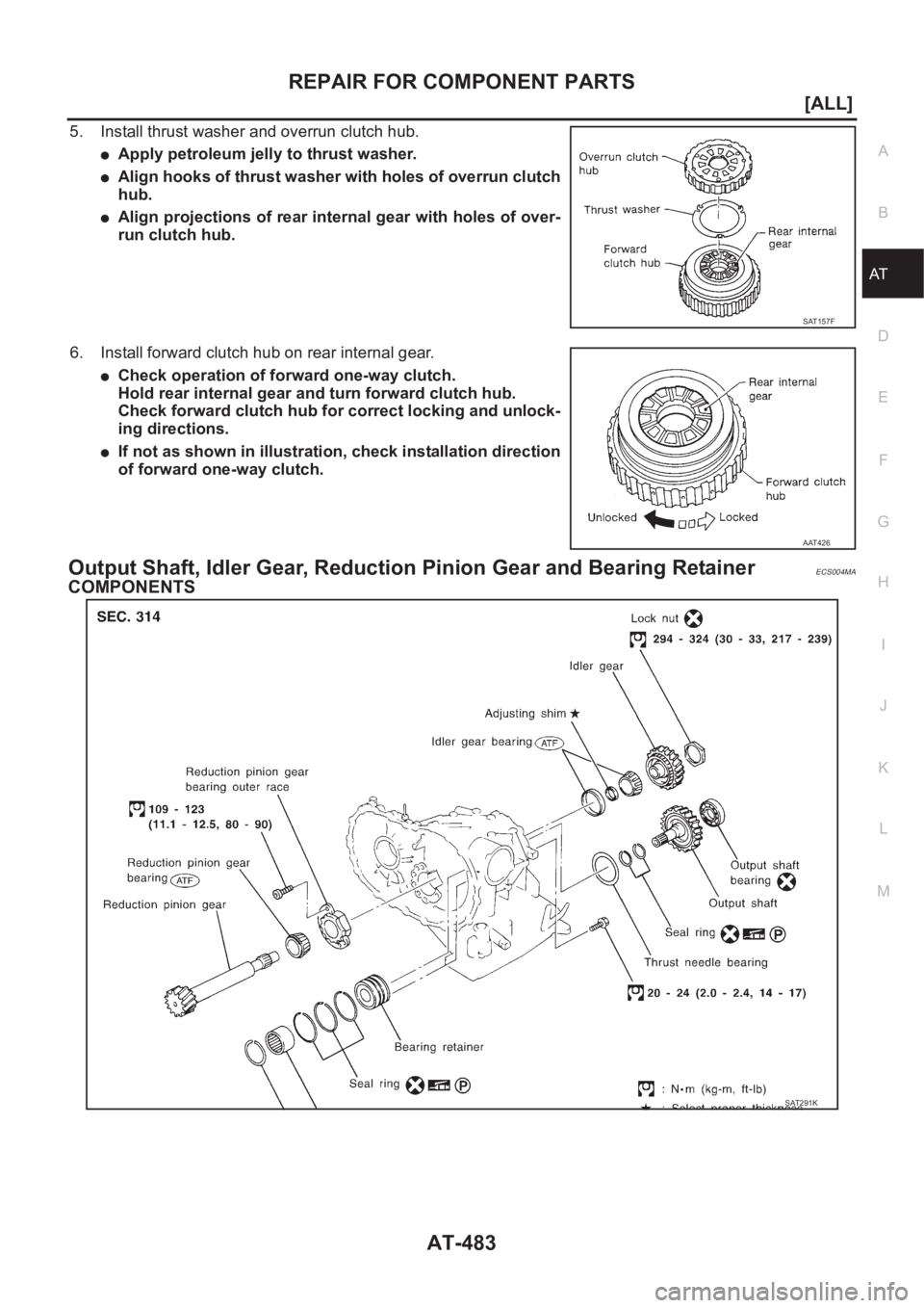 NISSAN X-TRAIL 2001  Service Repair Manual REPAIR FOR COMPONENT PARTS
AT-483
[ALL]
D
E
F
G
H
I
J
K
L
MA
B
AT
5. Install thrust washer and overrun clutch hub.
●Apply petroleum jelly to thrust washer.
●Align hooks of thrust washer with holes