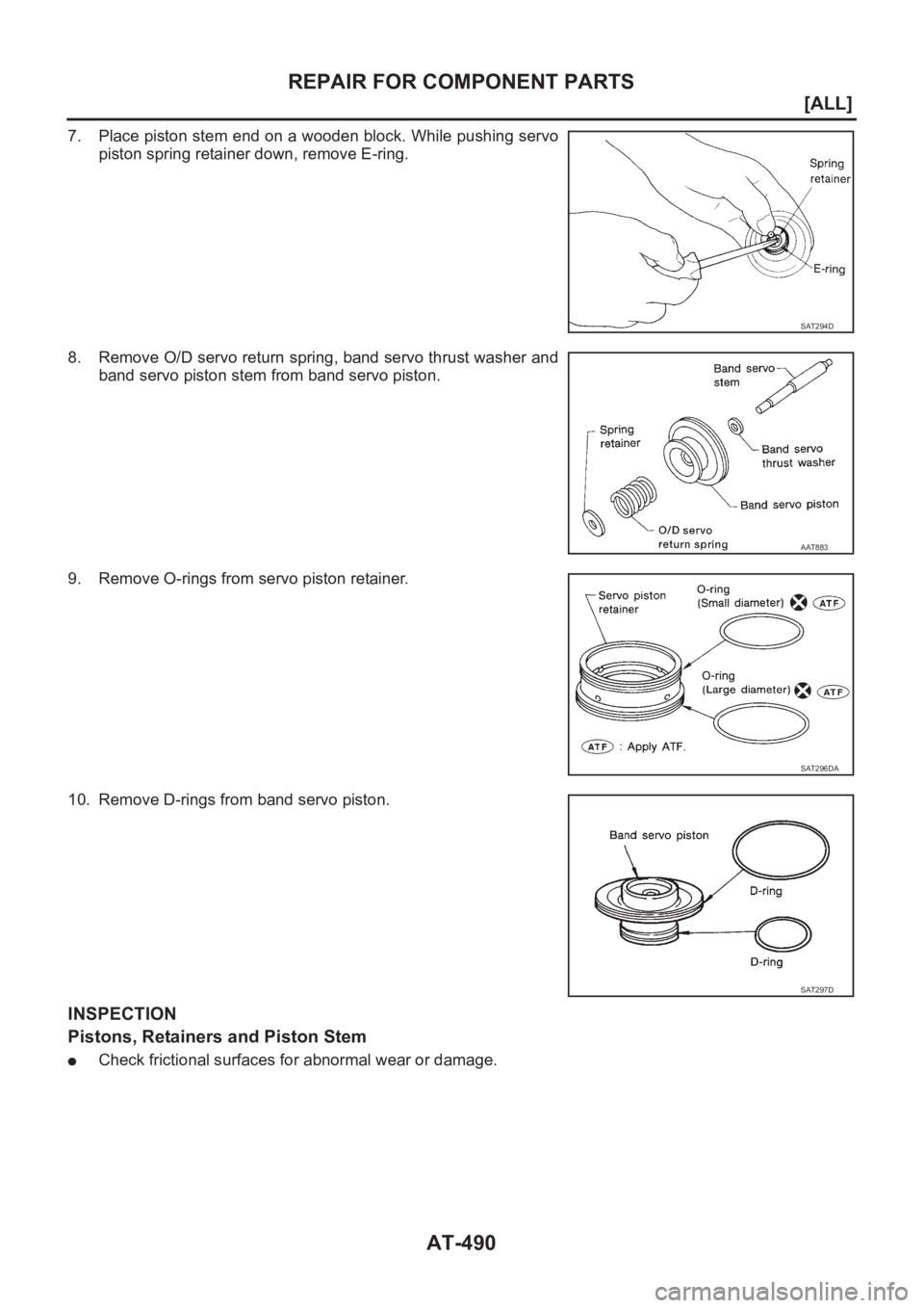 NISSAN X-TRAIL 2001  Service Repair Manual AT-490
[ALL]
REPAIR FOR COMPONENT PARTS
7. Place piston stem end on a wooden block. While pushing servo
piston spring retainer down, remove E-ring.
8. Remove O/D servo return spring, band servo thrust