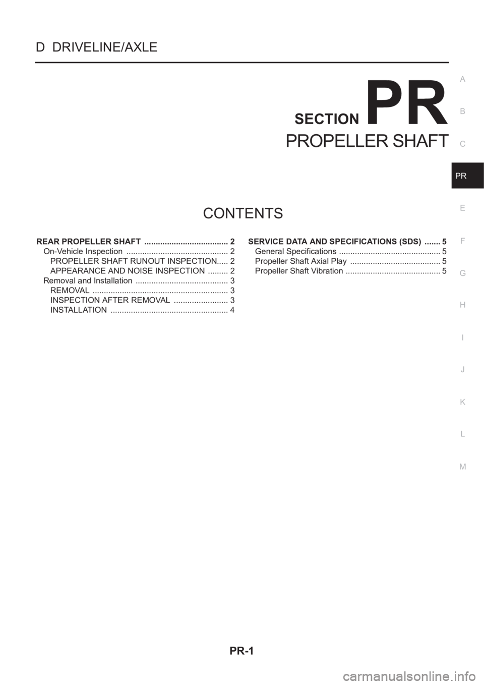NISSAN X-TRAIL 2001  Service Repair Manual PR-1
PROPELLER SHAFT
D  DRIVELINE/AXLE
CONTENTS
C
E
F
G
H
I
J
K
L
M
SECTION
A
B
PR
PROPELLER SHAFT
REAR PROPELLER SHAFT  ...................................... 2
On-Vehicle Inspection  ...............