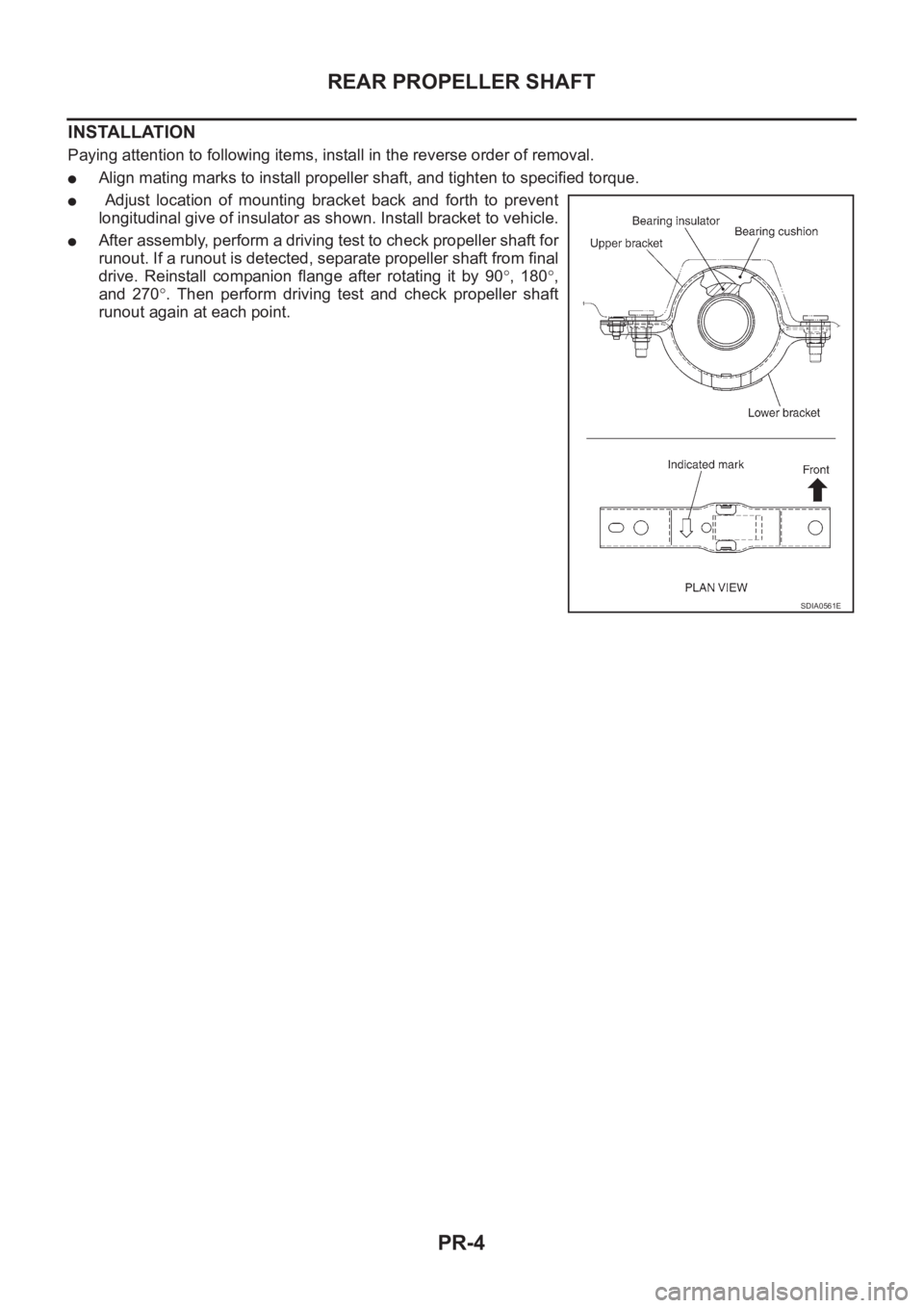 NISSAN X-TRAIL 2001  Service Repair Manual PR-4
REAR PROPELLER SHAFT
INSTALLATION
Paying attention to following items, install in the reverse order of removal.
●Align mating marks to install propeller shaft, and tighten to specified torque.
