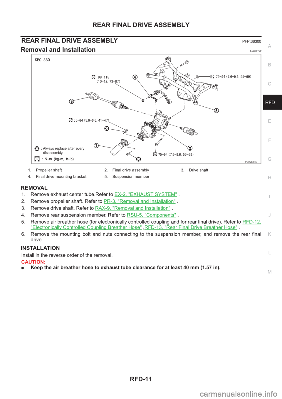 NISSAN X-TRAIL 2001  Service Repair Manual REAR FINAL DRIVE ASSEMBLY
RFD-11
C
E
F
G
H
I
J
K
L
MA
B
RFD
REAR FINAL DRIVE ASSEMBLYPFP:38300
Removal and InstallationEDS00109
REMOVAL
1. Remove exhaust center tube.Refer to EX-2, "EXHAUST SYSTEM