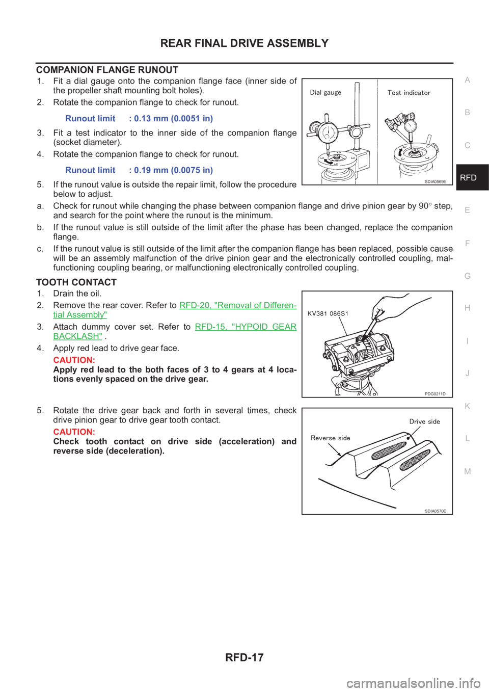 NISSAN X-TRAIL 2001 Service Repair Manual REAR FINAL DRIVE ASSEMBLY
RFD-17
C
E
F
G
H
I
J
K
L
MA
B
RFD
COMPANION FLANGE RUNOUT
1. Fit a dial gauge onto the companion flange face (inner side of
the propeller shaft mounting bolt holes NISSAN X-TRAIL 2001 Service Repair Manual REAR FINAL DRIVE ASSEMBLY
RFD-17
C
E
F
G
H
I
J
K
L
MA
B
RFD
COMPANION FLANGE RUNOUT
1. Fit a dial gauge onto the companion flange face (inner side of
the propeller shaft mounting bolt holes