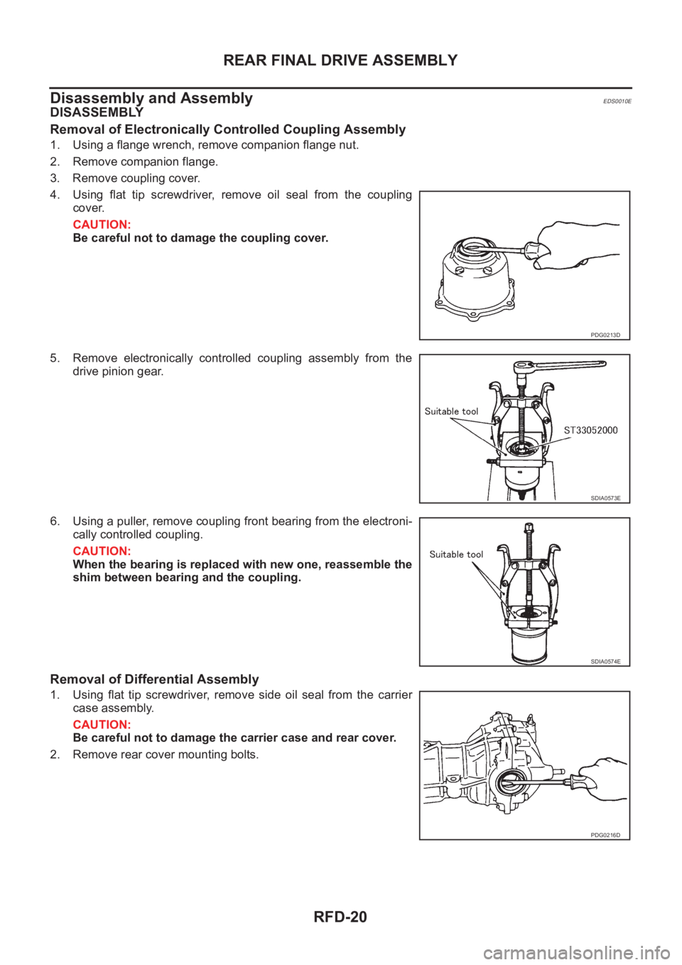 NISSAN X-TRAIL 2001  Service Repair Manual RFD-20
REAR FINAL DRIVE ASSEMBLY
Disassembly and Assembly
EDS0010E
DISASSEMBLY
Removal of Electronically Controlled Coupling Assembly
1. Using a flange wrench, remove companion flange nut.
2. Remove c