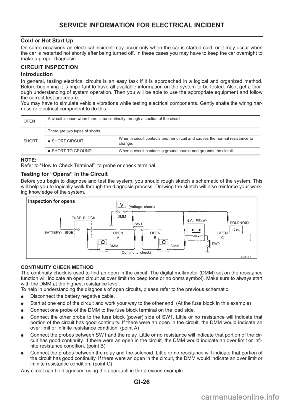 NISSAN X-TRAIL 2001  Service Repair Manual GI-26
SERVICE INFORMATION FOR ELECTRICAL INCIDENT
Cold or Hot Start Up 
On some occasions an electrical incident may occur only when the car is started cold, or it may occur when
the car is restarted 