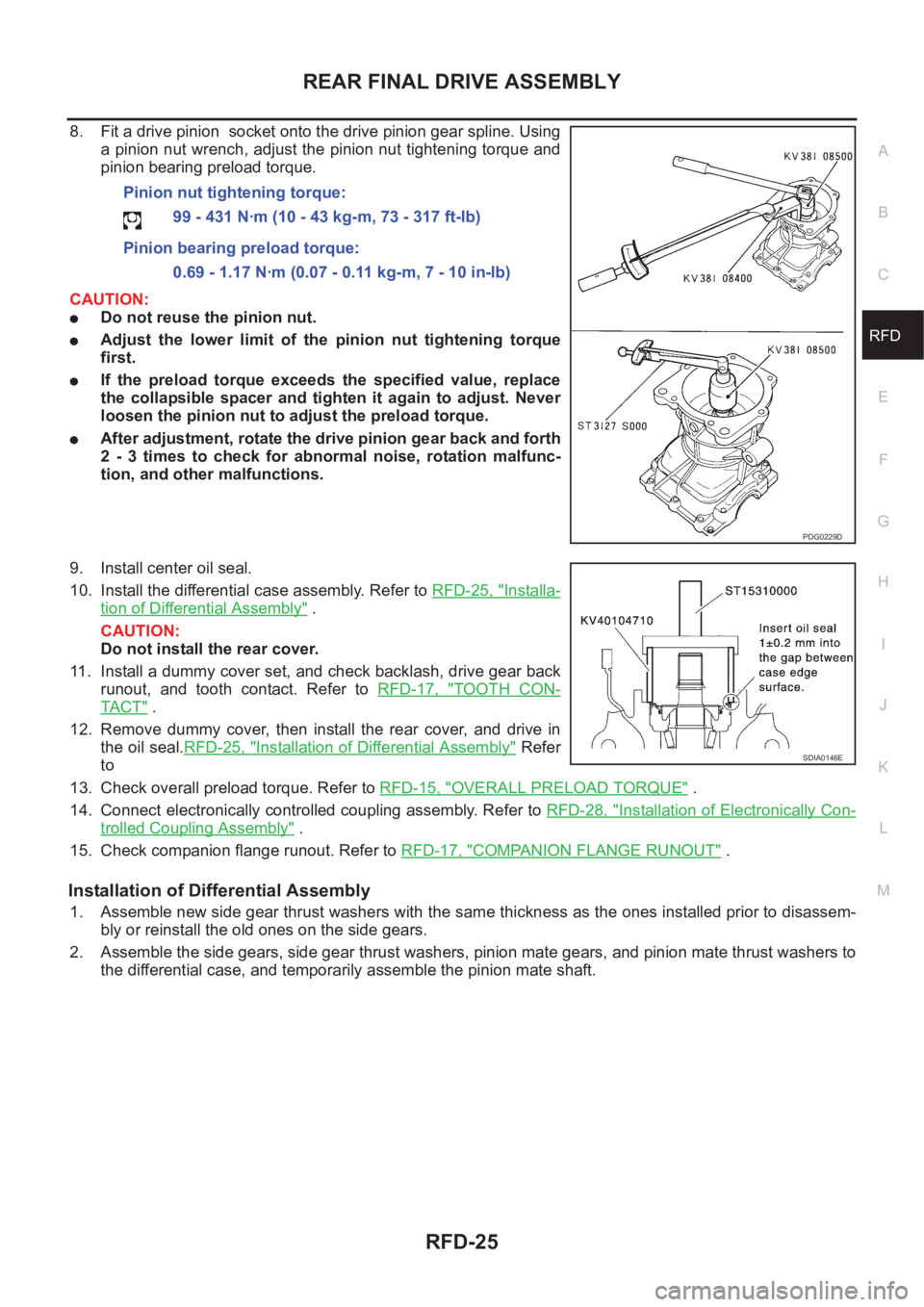NISSAN X-TRAIL 2001 Service Repair Manual REAR FINAL DRIVE ASSEMBLY
RFD-25
C
E
F
G
H
I
J
K
L
MA
B
RFD
8. Fit a drive pinion socket onto the drive pinion gear spline. Using
a pinion nut wrench, adjust the pinion nut tightening torque and
pini NISSAN X-TRAIL 2001 Service Repair Manual REAR FINAL DRIVE ASSEMBLY
RFD-25
C
E
F
G
H
I
J
K
L
MA
B
RFD
8. Fit a drive pinion socket onto the drive pinion gear spline. Using
a pinion nut wrench, adjust the pinion nut tightening torque and
pini