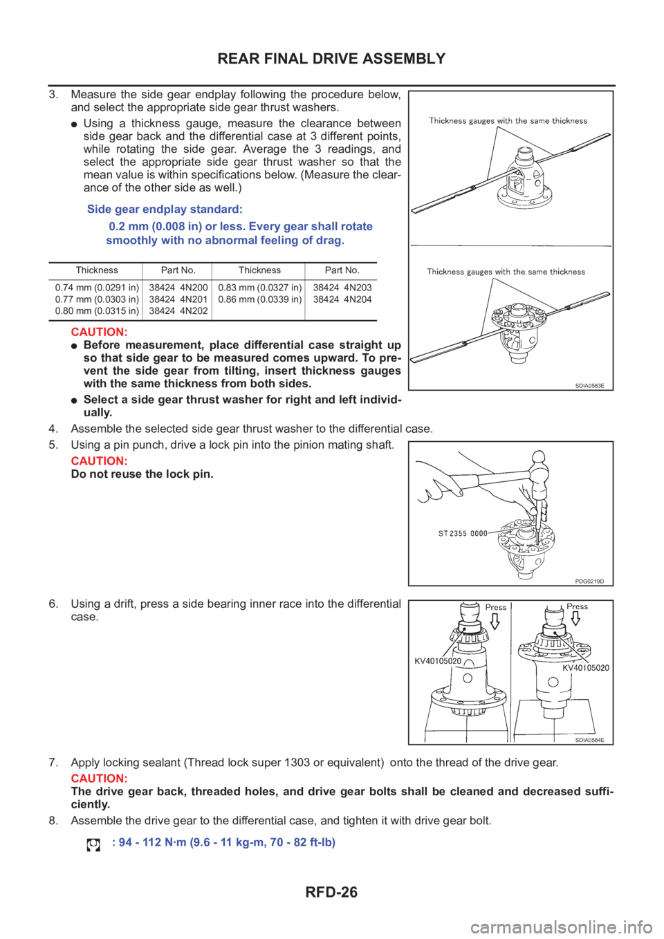 NISSAN X-TRAIL 2001 Service Repair Manual RFD-26
REAR FINAL DRIVE ASSEMBLY
3. Measure the side gear endplay following the procedure below,
and select the appropriate side gear thrust washers.
●Using a thickness gauge, measure t NISSAN X-TRAIL 2001 Service Repair Manual RFD-26
REAR FINAL DRIVE ASSEMBLY
3. Measure the side gear endplay following the procedure below,
and select the appropriate side gear thrust washers.
●Using a thickness gauge, measure t