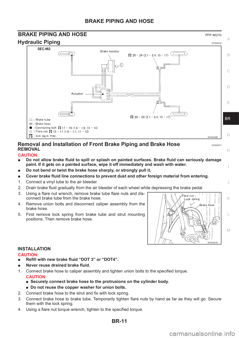NISSAN X-TRAIL 2001 Service Repair Manual BRAKE PIPING AND HOSE
BR-11
C
D
E
G
H
I
J
K
L
MA
B
BR
BRAKE PIPING AND HOSEPFP:46210
Hydraulic Piping EFS000C6
Removal and Installation of Front Brake Piping and Brake HoseEFS000C7
REMOVAL
CAUTION:
NISSAN X-TRAIL 2001 Service Repair Manual BRAKE PIPING AND HOSE
BR-11
C
D
E
G
H
I
J
K
L
MA
B
BR
BRAKE PIPING AND HOSEPFP:46210
Hydraulic Piping EFS000C6
Removal and Installation of Front Brake Piping and Brake HoseEFS000C7
REMOVAL
CAUTION: