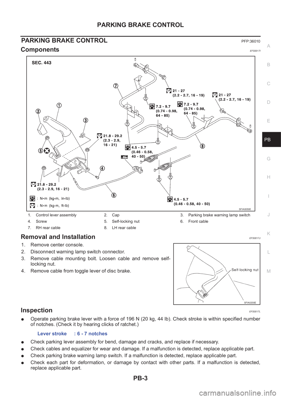 NISSAN X-TRAIL 2001 Service Repair Manual PARKING BRAKE CONTROL
PB-3
C
D
E
G
H
I
J
K
L
MA
B
PB
PARKING BRAKE CONTROLPFP:36010
Components EFS0017I
Removal and InstallationEFS0017J
1. Remove center console.
2. Disconnect warning lamp switch con NISSAN X-TRAIL 2001 Service Repair Manual PARKING BRAKE CONTROL
PB-3
C
D
E
G
H
I
J
K
L
MA
B
PB
PARKING BRAKE CONTROLPFP:36010
Components EFS0017I
Removal and InstallationEFS0017J
1. Remove center console.
2. Disconnect warning lamp switch con
