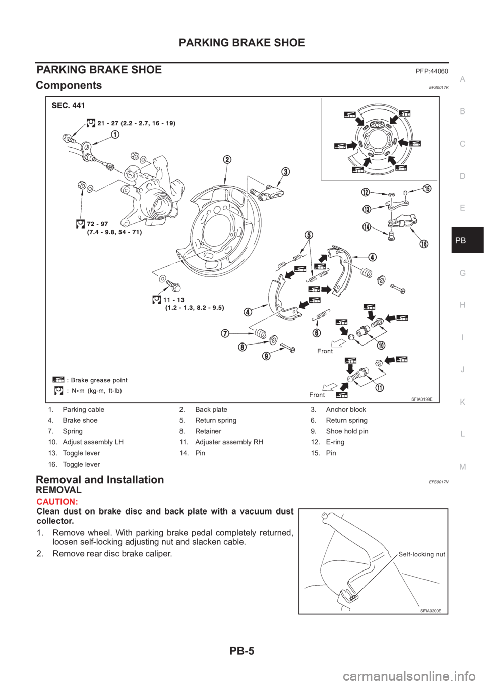 NISSAN X-TRAIL 2001  Service Repair Manual PARKING BRAKE SHOE
PB-5
C
D
E
G
H
I
J
K
L
MA
B
PB
PARKING BRAKE SHOEPFP:44060
ComponentsEFS0017K
Removal and InstallationEFS0017N
REMOVAL
CAUTION:
Clean  dust  on  brake  disc  and  back  plate  with 