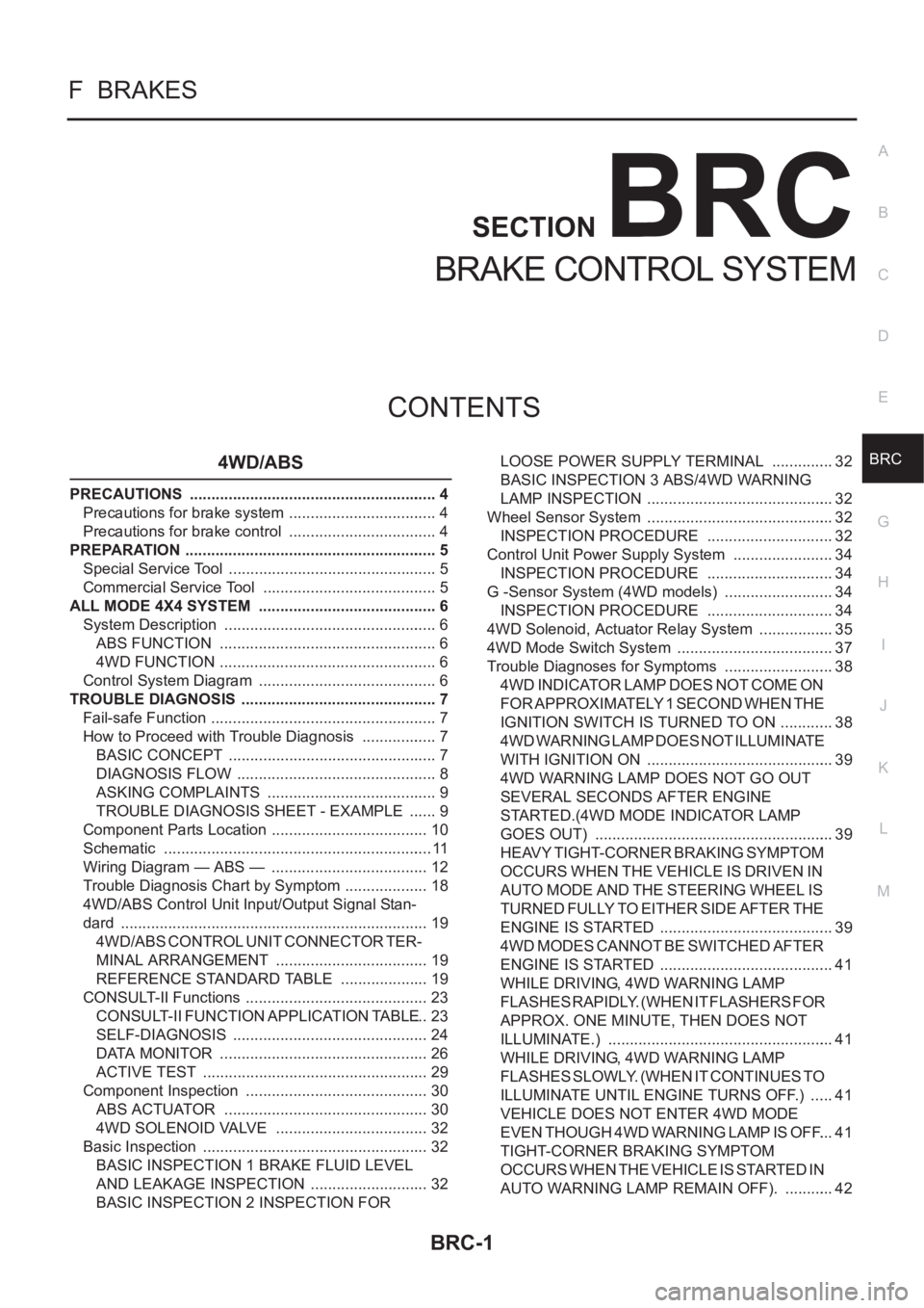 NISSAN X-TRAIL 2001  Service Repair Manual BRC-1
BRAKE CONTROL SYSTEM
F  BRAKES
CONTENTS
C
D
E
G
H
I
J
K
L
M
SECTION
A
B
BRC
BRAKE CONTROL SYSTEM
4WD/ABS
PRECAUTIONS  .......................................................... 4
Precautions for