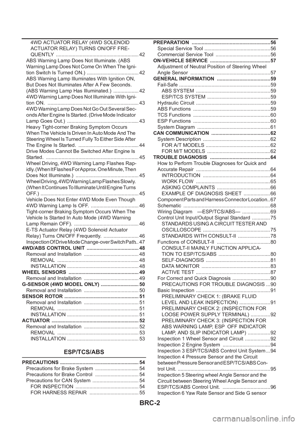 NISSAN X-TRAIL 2001  Service Repair Manual BRC-2
4WD ACTUATOR RELAY (4WD SOLENOID 
A C T U AT O R   R E L AY )   T U R N S   O N / O F F   F R E -
QUENTLY  ............................................................ 42
ABS Warning Lamp Does N