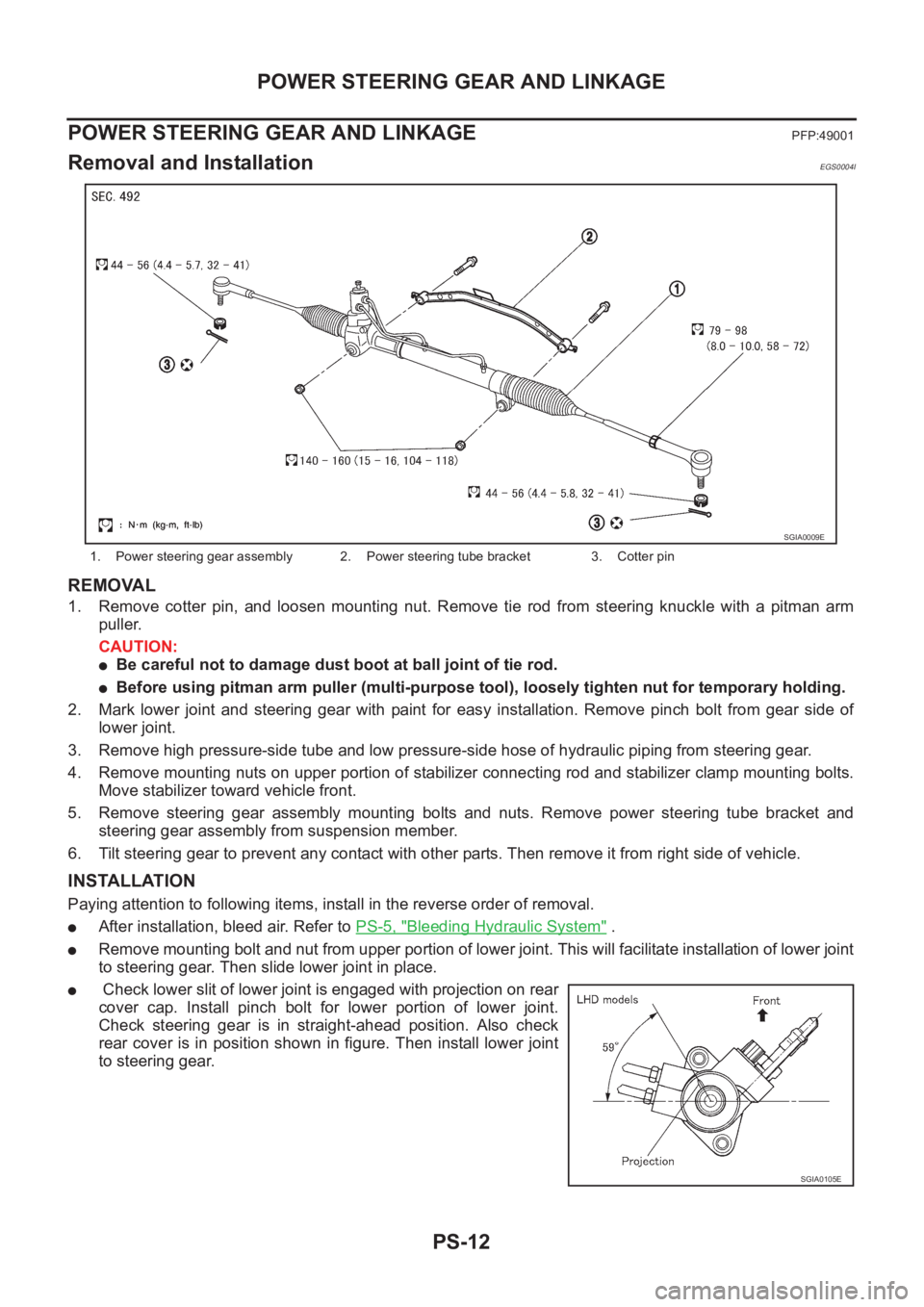 NISSAN X-TRAIL 2001  Service Repair Manual PS-12
POWER STEERING GEAR AND LINKAGE
POWER STEERING GEAR AND LINKAGE
PFP:49001
Removal and InstallationEGS0004I
REMOVAL
1. Remove  cotter  pin,  and  loosen  mounting  nut.  Remove  tie  rod  from  s