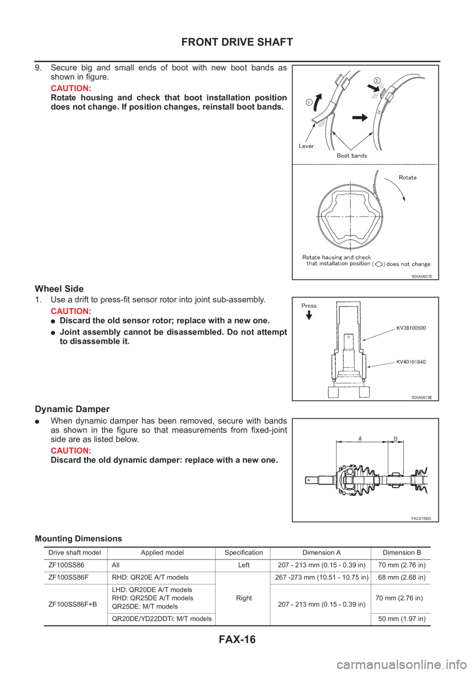 NISSAN X-TRAIL 2001  Service Repair Manual FAX-16
FRONT DRIVE SHAFT
9. Secure big and small ends of boot with new boot bands as
shown in figure.
CAUTION:
Rotate  housing  and  check  that  boot  installation  position
does not change. If posit