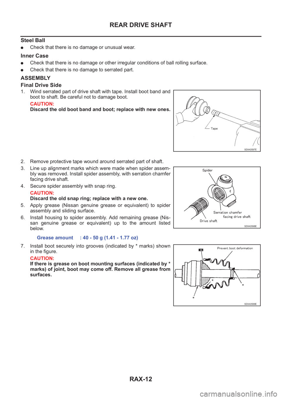 NISSAN X-TRAIL 2001 Service Repair Manual RAX-12
REAR DRIVE SHAFT
Steel Ball
●Check that there is no damage or unusual wear.
Inner Case
●Check that there is no damage or other irregular conditions of ball rolling surface.
●Check that th NISSAN X-TRAIL 2001 Service Repair Manual RAX-12
REAR DRIVE SHAFT
Steel Ball
●Check that there is no damage or unusual wear.
Inner Case
●Check that there is no damage or other irregular conditions of ball rolling surface.
●Check that th