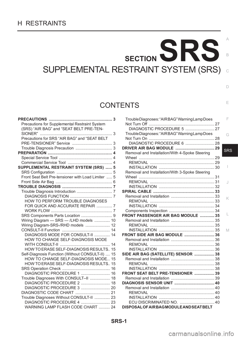 NISSAN X-TRAIL 2001  Service Repair Manual SRS-1
SUPPLEMENTAL RESTRAINT SYSTEM (SRS)
H  RESTRAINTS
CONTENTS
C
D
E
F
G
I
J
K
L
M
SECTION
A
B
SRS
SUPPLEMENTAL RESTRAINT SYSTEM (SRS)
PRECAUTIONS  ..................................................