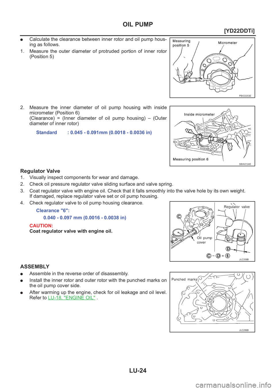 NISSAN X-TRAIL 2001  Service Repair Manual LU-24
[YD22DDTi]
OIL PUMP
●Calculate the clearance between inner rotor and oil pump hous-
ing as follows.
1. Measure  the  outer  diameter  of  protruded  portion  of  inner  rotor
(Position 5)
2. M