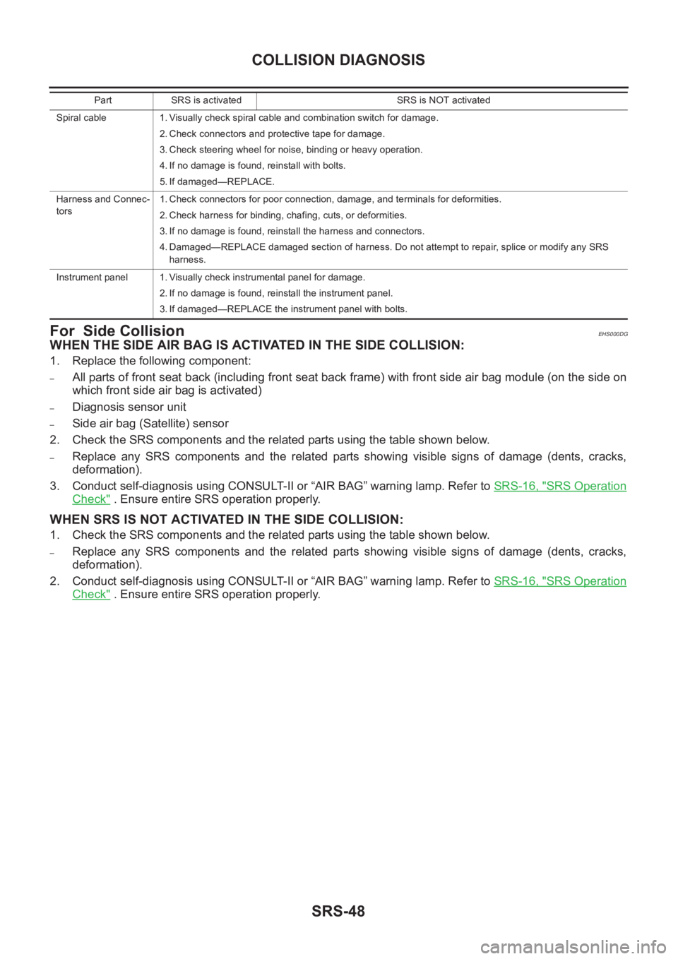 NISSAN X-TRAIL 2001  Service Repair Manual SRS-48
COLLISION DIAGNOSIS
For  Side Collision
EHS000DG
WHEN THE SIDE AIR BAG IS ACTIVATED IN THE SIDE COLLISION:
1. Replace the following component:
–All parts of front seat back (including front s