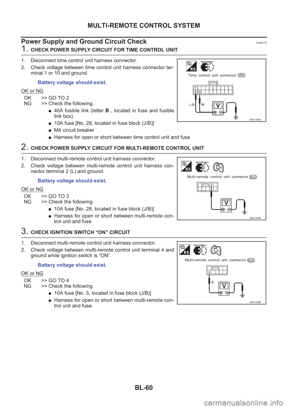 NISSAN X-TRAIL 2001  Service Repair Manual BL-60
MULTI-REMOTE CONTROL SYSTEM
Power Supply and Ground Circuit Check
EIS001T4
1. CHECK POWER SUPPLY CIRCUIT FOR TIME CONTROL UNIT
1. Disconnect time control unit harness connector.
2. Check voltage