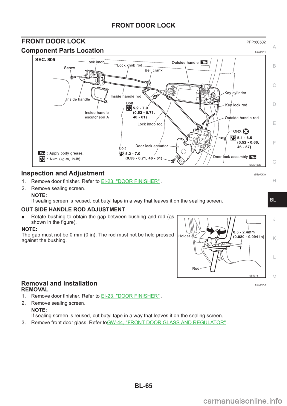 NISSAN X-TRAIL 2001  Service Repair Manual FRONT DOOR LOCK
BL-65
C
D
E
F
G
H
J
K
L
MA
B
BL
FRONT DOOR LOCKPFP:80502
Component Parts LocationEIS000KV
Inspection and AdjustmentEIS000KW
1. Remove door finisher. Refer to EI-23, "DOOR FINISHER&