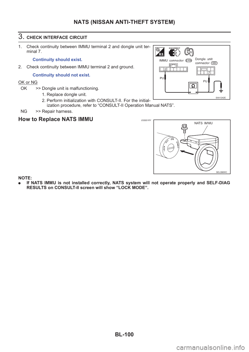 NISSAN X-TRAIL 2001  Service Repair Manual BL-100
NATS (NISSAN ANTI-THEFT SYSTEM)
3. CHECK INTERFACE CIRCUIT
1. Check continuity between IMMU terminal 2 and dongle unit ter-
minal 7.
2. Check continuity between IMMU terminal 2 and ground.
OK o