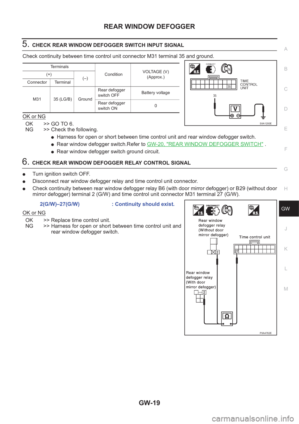 NISSAN X-TRAIL 2001  Service Repair Manual REAR WINDOW DEFOGGER
GW-19
C
D
E
F
G
H
J
K
L
MA
B
GW
5.CHECK REAR WINDOW DEFOGGER SWITCH INPUT SIGNAL
Check continuity between time control unit connector M31 terminal 35 and ground.
OK or NG
OK >> GO