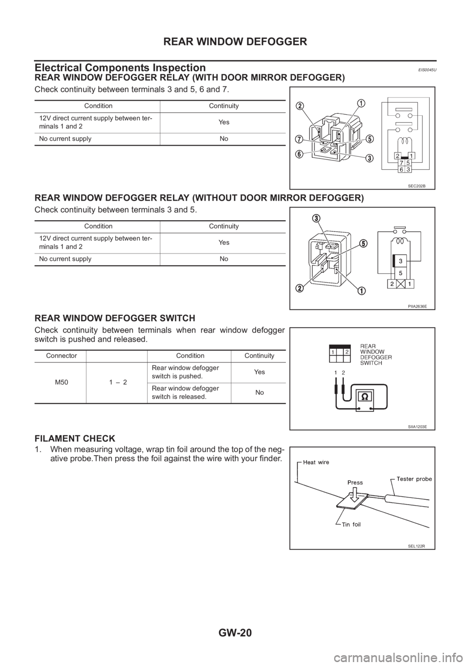 NISSAN X-TRAIL 2001  Service Repair Manual GW-20
REAR WINDOW DEFOGGER
Electrical Components Inspection
EIS0045U
REAR WINDOW DEFOGGER RELAY (WITH DOOR MIRROR DEFOGGER)
Check continuity between terminals 3 and 5, 6 and 7.
REAR WINDOW DEFOGGER RE