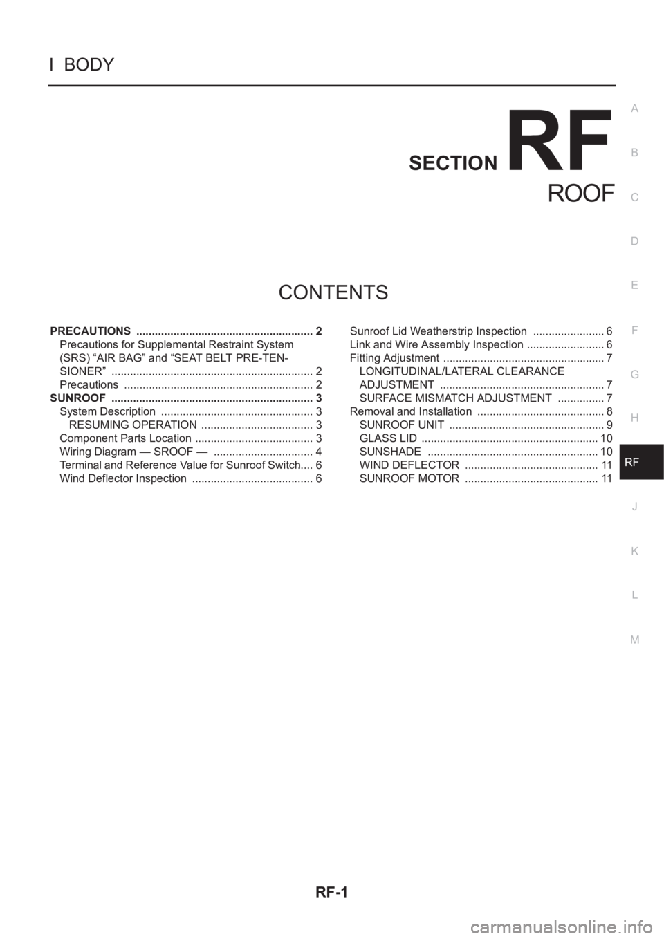 NISSAN X-TRAIL 2001 Service Repair Manual RF-1
ROOF
I BODY
CONTENTS
C
D
E
F
G
H
J
K
L
M
SECTION
A
B
RF
ROOF
PRECAUTIONS .......................................................... 2
Precautions for Supplemental Restraint System
(SRS) “AIR NISSAN X-TRAIL 2001 Service Repair Manual RF-1
ROOF
I BODY
CONTENTS
C
D
E
F
G
H
J
K
L
M
SECTION
A
B
RF
ROOF
PRECAUTIONS .......................................................... 2
Precautions for Supplemental Restraint System
(SRS) “AIR