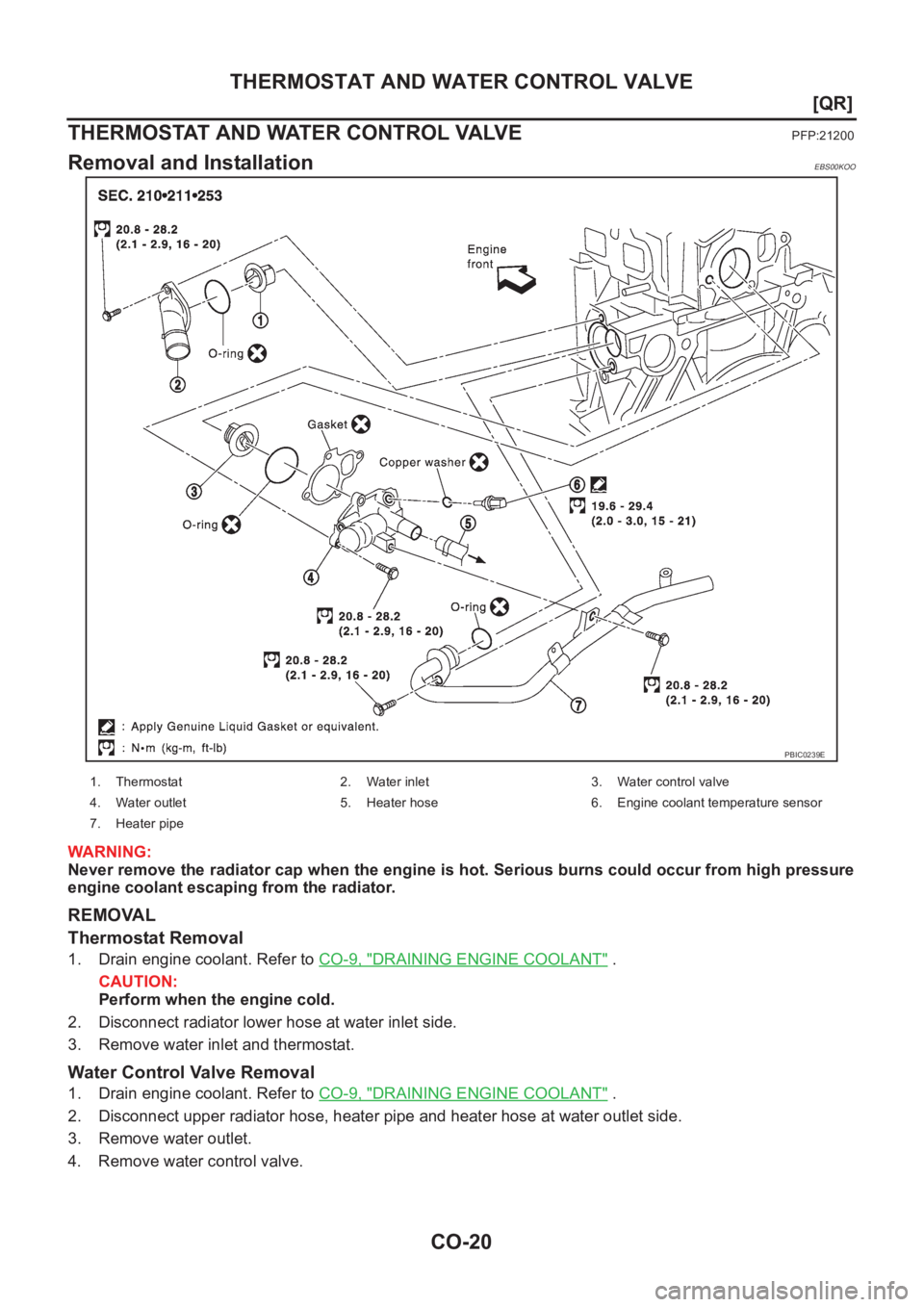 NISSAN X-TRAIL 2001  Service Repair Manual CO-20
[QR]
THERMOSTAT AND WATER CONTROL VALVE
THERMOSTAT AND WATER CONTROL VALVE
PFP:21200
Removal and InstallationEBS00KOO
WARNING:
Never remove the radiator cap when the engine is hot. Serious burns
