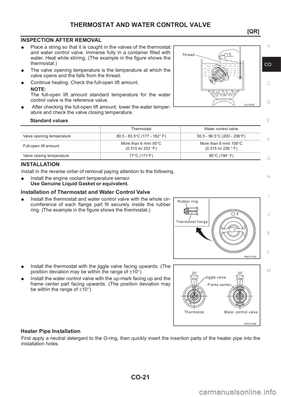NISSAN X-TRAIL 2001  Service Repair Manual THERMOSTAT AND WATER CONTROL VALVE
CO-21
[QR]
C
D
E
F
G
H
I
J
K
L
MA
CO
INSPECTION AFTER REMOVAL
●Place a string so that it is caught in the valves of the thermostat
and  water  control  valve.  Imm