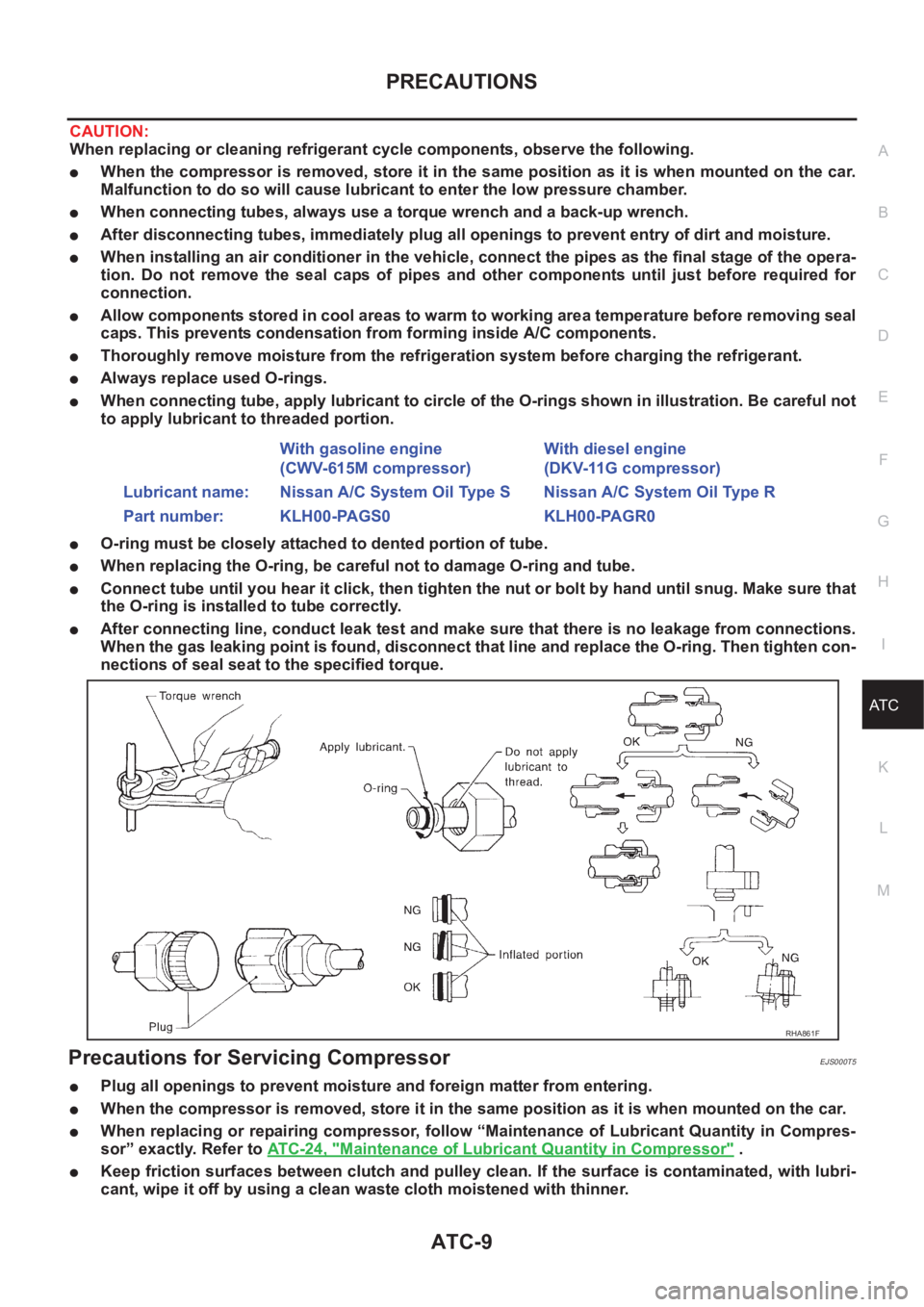 NISSAN X-TRAIL 2001  Service Repair Manual PRECAUTIONS
ATC-9
C
D
E
F
G
H
I
K
L
MA
B
AT C
CAUTION:
When replacing or cleaning refrigerant cycle components, observe the following.
●When the compressor is removed, store it in the same position 