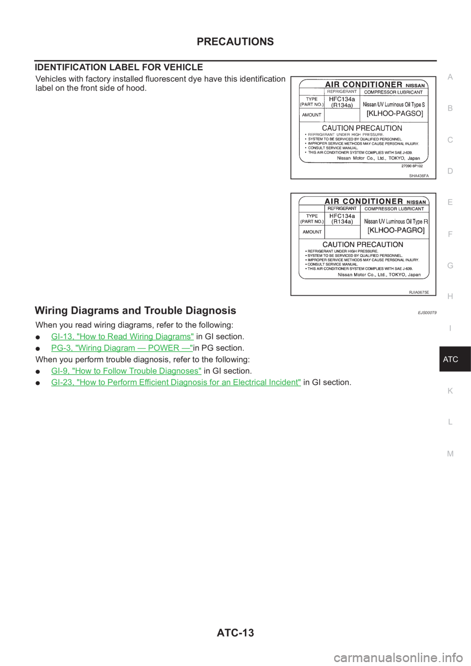 NISSAN X-TRAIL 2001  Service Repair Manual PRECAUTIONS
ATC-13
C
D
E
F
G
H
I
K
L
MA
B
AT C
IDENTIFICATION LABEL FOR VEHICLE
Vehicles with factory installed fluorescent dye have this identification
label on the front side of hood.
Wiring Diagram