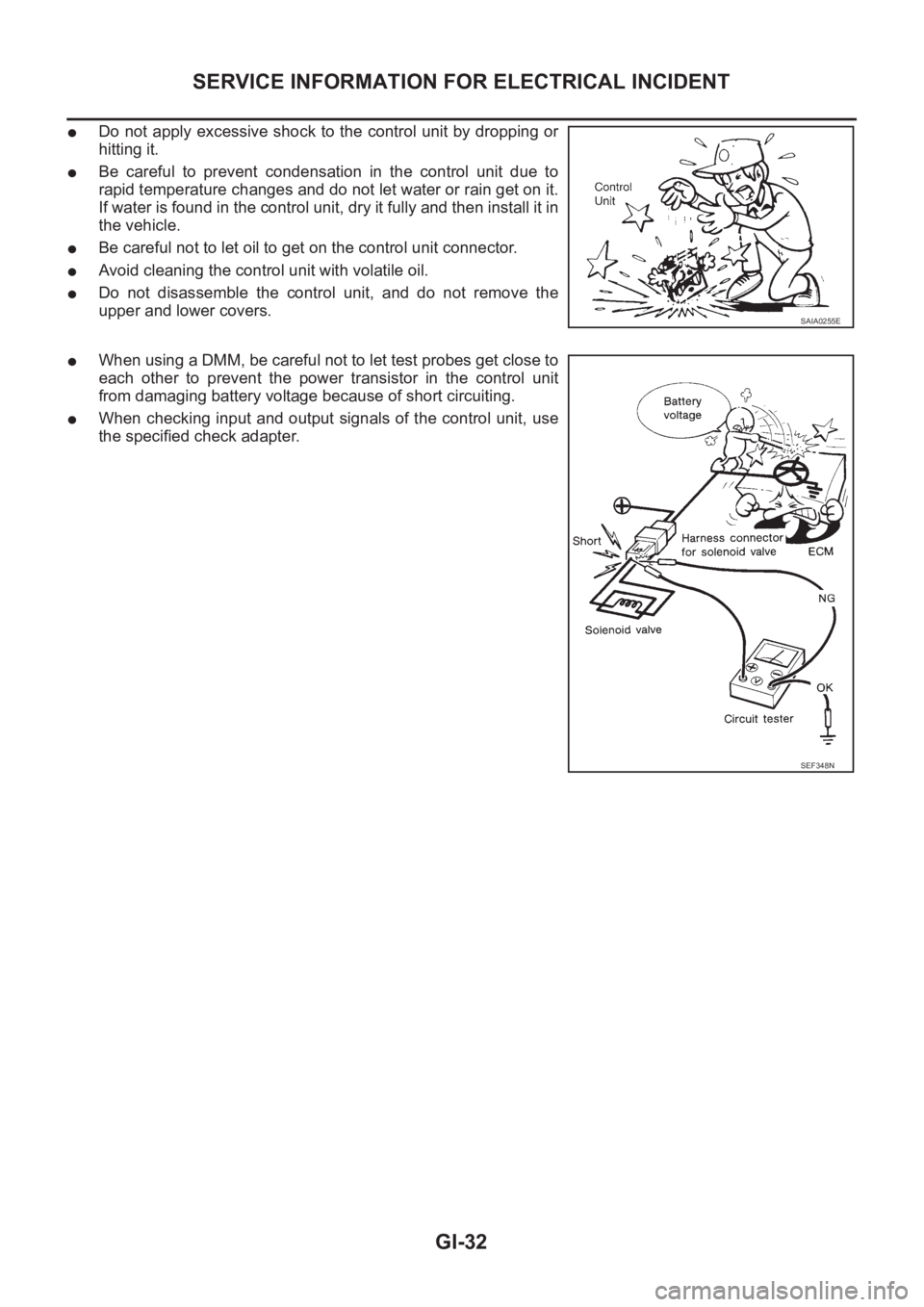 NISSAN X-TRAIL 2001  Service Repair Manual GI-32
SERVICE INFORMATION FOR ELECTRICAL INCIDENT
●Do not apply excessive shock to the control unit by dropping or
hitting it.
●Be  careful  to  prevent  condensation  in  the  control  unit  due 