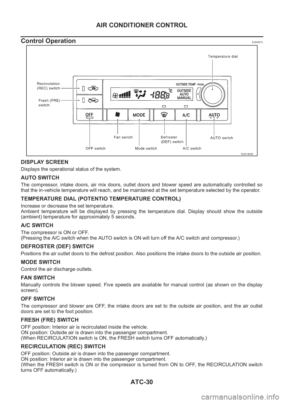 NISSAN X-TRAIL 2001  Service Repair Manual ATC-30
AIR CONDITIONER CONTROL
Control Operation
EJS000TL
DISPLAY SCREEN
Displays the operational status of the system.
AUTO SWITCH
The  compressor,  intake  doors,  air  mix  doors,  outlet  doors  a