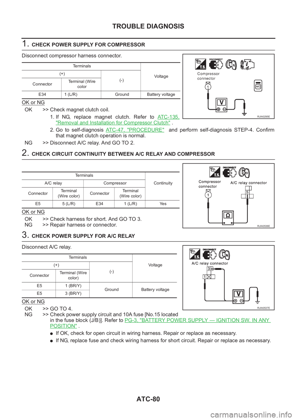 NISSAN X-TRAIL 2001 Service Repair Manual ATC-80
TROUBLE DIAGNOSIS
1. CHECK POWER SUPPLY FOR COMPRESSOR
Disconnect compressor harness connector.
OK or NG
OK >> Check magnet clutch coil.
1. If NG, replace magnet clutch. Refer to ATC-135, NISSAN X-TRAIL 2001 Service Repair Manual ATC-80
TROUBLE DIAGNOSIS
1. CHECK POWER SUPPLY FOR COMPRESSOR
Disconnect compressor harness connector.
OK or NG
OK >> Check magnet clutch coil.
1. If NG, replace magnet clutch. Refer to ATC-135,