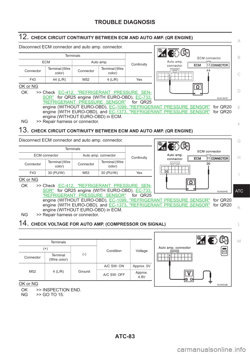 NISSAN X-TRAIL 2001 Service Repair Manual TROUBLE DIAGNOSIS
ATC-83
C
D
E
F
G
H
I
K
L
MA
B
AT C
12.CHECK CIRCUIT CONTINUITY BETWEEN ECM AND AUTO AMP. (QR ENGINE)
Disconnect ECM connector and auto amp. connector.
OK or NG
OK >> Check EC-412, & NISSAN X-TRAIL 2001 Service Repair Manual TROUBLE DIAGNOSIS
ATC-83
C
D
E
F
G
H
I
K
L
MA
B
AT C
12.CHECK CIRCUIT CONTINUITY BETWEEN ECM AND AUTO AMP. (QR ENGINE)
Disconnect ECM connector and auto amp. connector.
OK or NG
OK >> Check EC-412, &