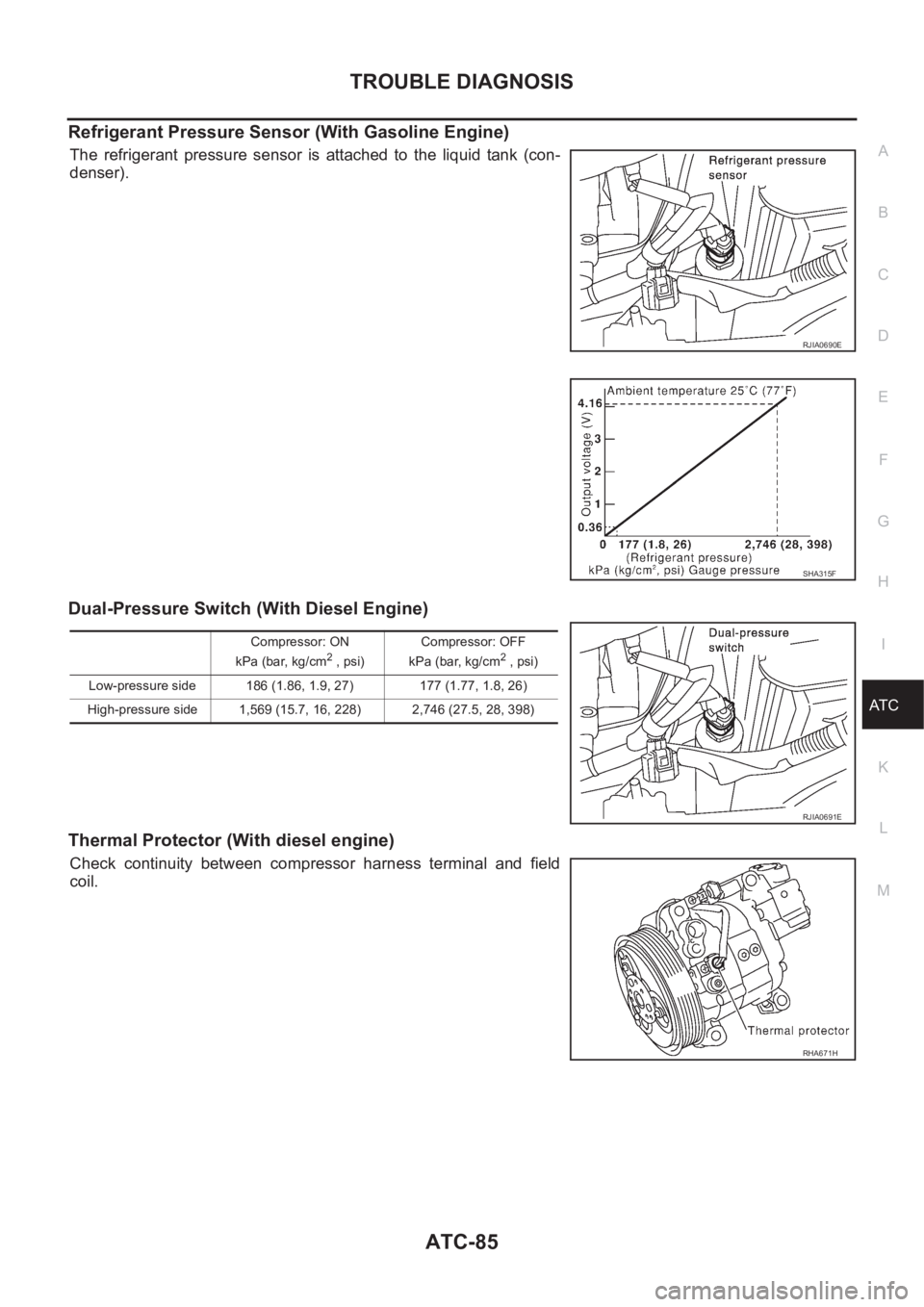 NISSAN X-TRAIL 2001  Service Repair Manual TROUBLE DIAGNOSIS
ATC-85
C
D
E
F
G
H
I
K
L
MA
B
AT C
Refrigerant Pressure Sensor (With Gasoline Engine)
The  refrigerant  pressure  sensor  is  attached  to  the  liquid  tank (con-
denser).
Dual-Pres