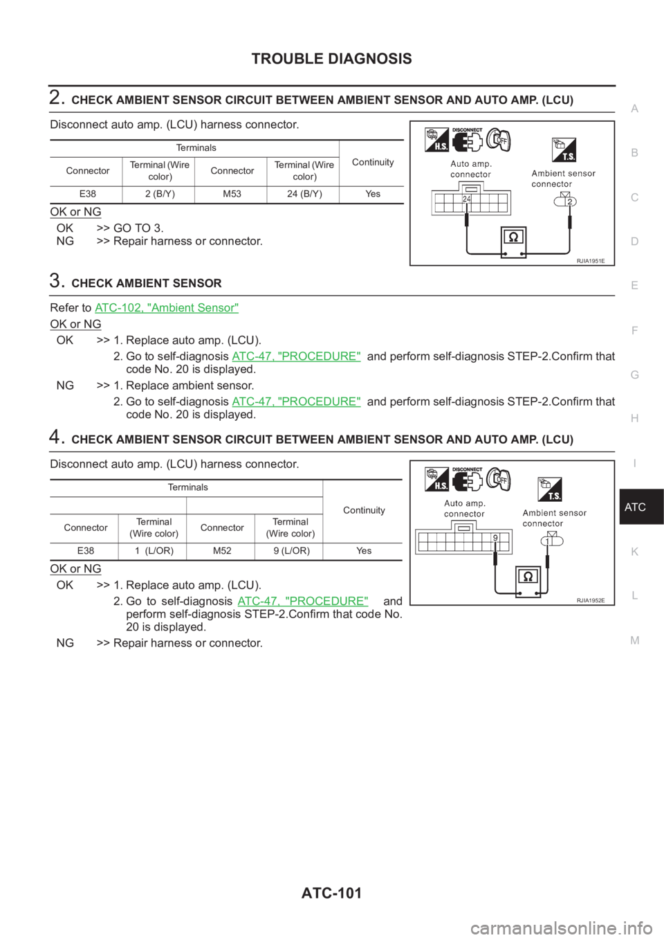 NISSAN X-TRAIL 2001  Service Repair Manual TROUBLE DIAGNOSIS
ATC-101
C
D
E
F
G
H
I
K
L
MA
B
AT C
2.CHECK AMBIENT SENSOR CIRCUIT BETWEEN AMBIENT SENSOR AND AUTO AMP. (LCU)
Disconnect auto amp. (LCU) harness connector.
OK or NG
OK >> GO TO 3.
NG