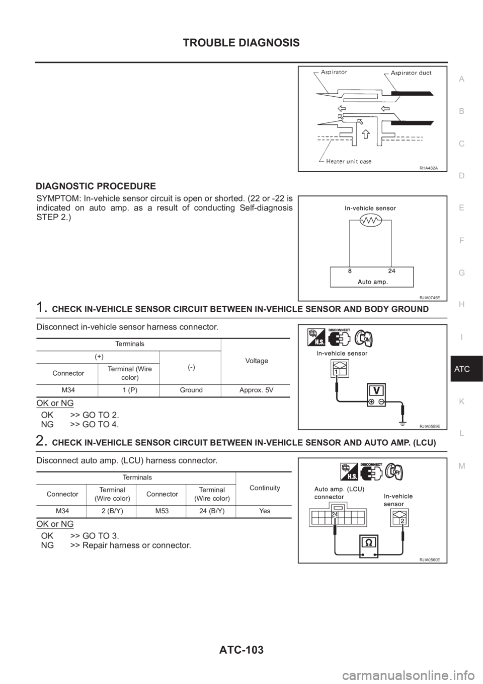 NISSAN X-TRAIL 2001  Service Repair Manual TROUBLE DIAGNOSIS
ATC-103
C
D
E
F
G
H
I
K
L
MA
B
AT C
DIAGNOSTIC PROCEDURE
SYMPTOM: In-vehicle sensor circuit is open or shorted. (22 or -22 is
indicated  on  auto  amp.  as  a  result  of  conducting