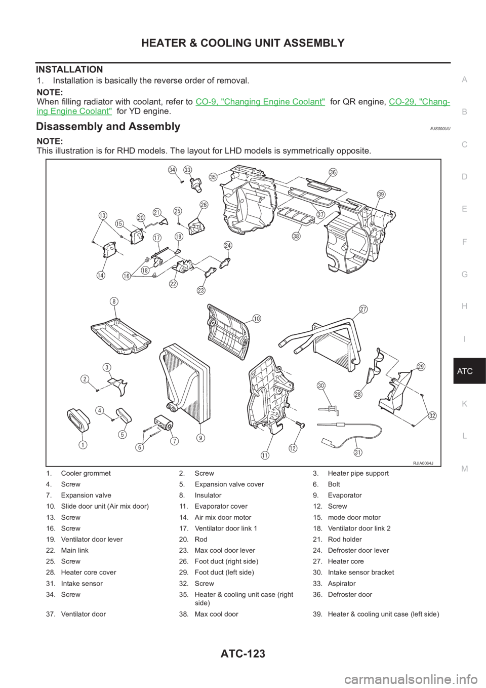 NISSAN X-TRAIL 2001  Service Repair Manual HEATER & COOLING UNIT ASSEMBLY
ATC-123
C
D
E
F
G
H
I
K
L
MA
B
AT C
INSTALLATION
1. Installation is basically the reverse order of removal.
NOTE:
When filling radiator with coolant, refer to CO-9, "