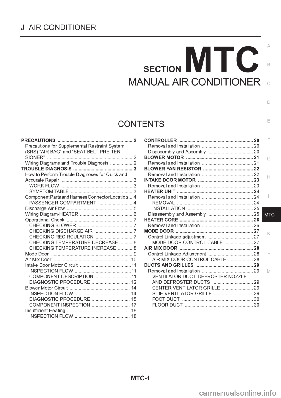 NISSAN X-TRAIL 2001  Service Repair Manual MTC-1
MANUAL AIR CONDITIONER
J  AIR CONDITIONER
CONTENTS
C
D
E
F
G
H
I
K
L
M
SECTION
A
B
MTC
MANUAL AIR CONDITIONER
PRECAUTIONS  .......................................................... 2
Precaution