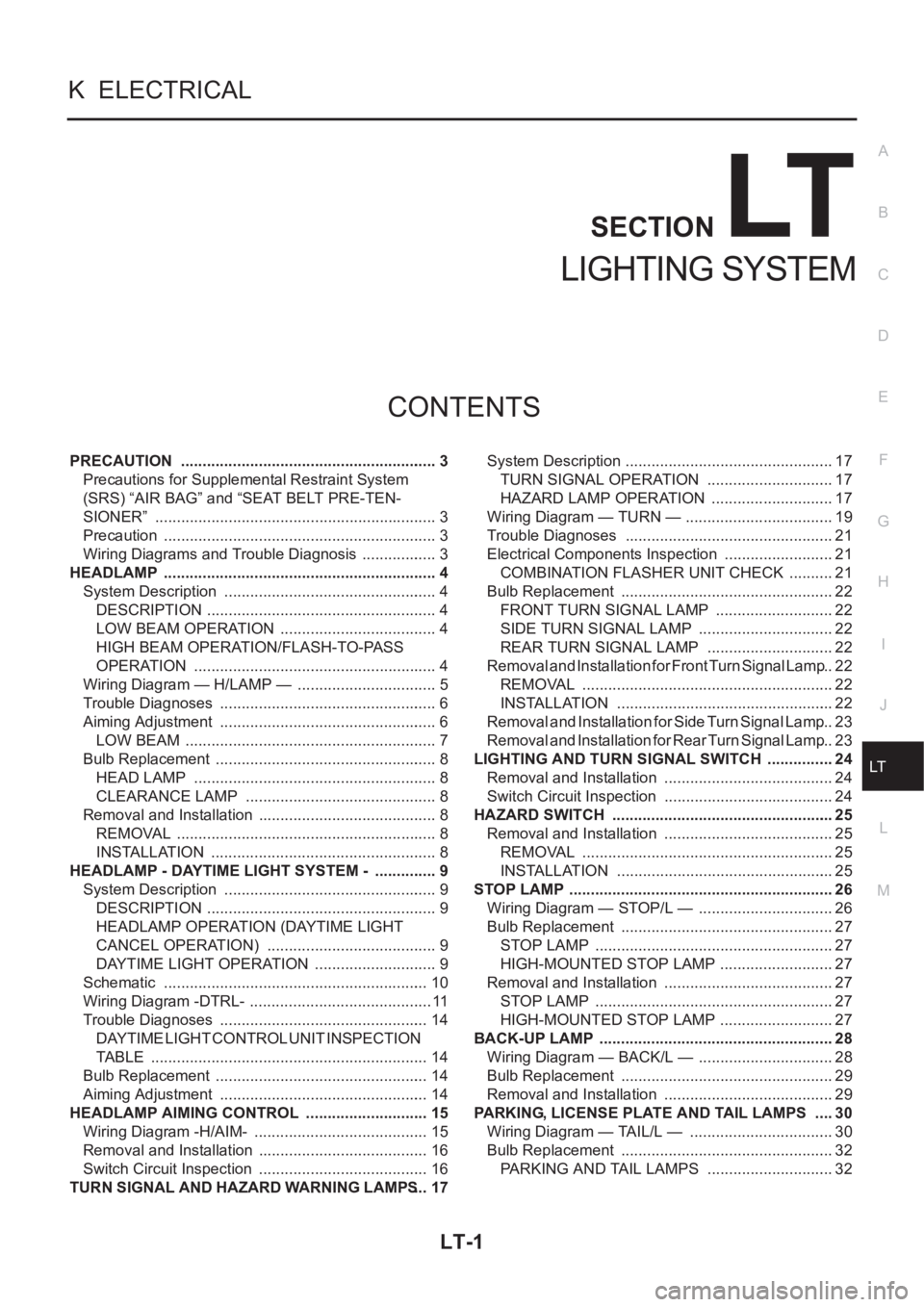 NISSAN X-TRAIL 2001  Service Repair Manual LT-1
LIGHTING SYSTEM
K  ELECTRICAL
CONTENTS
C
D
E
F
G
H
I
J
L
M
SECTION
A
B
LT
LIGHTING SYSTEM
PRECAUTION  ............................................................ 3
Precautions for Supplemental R