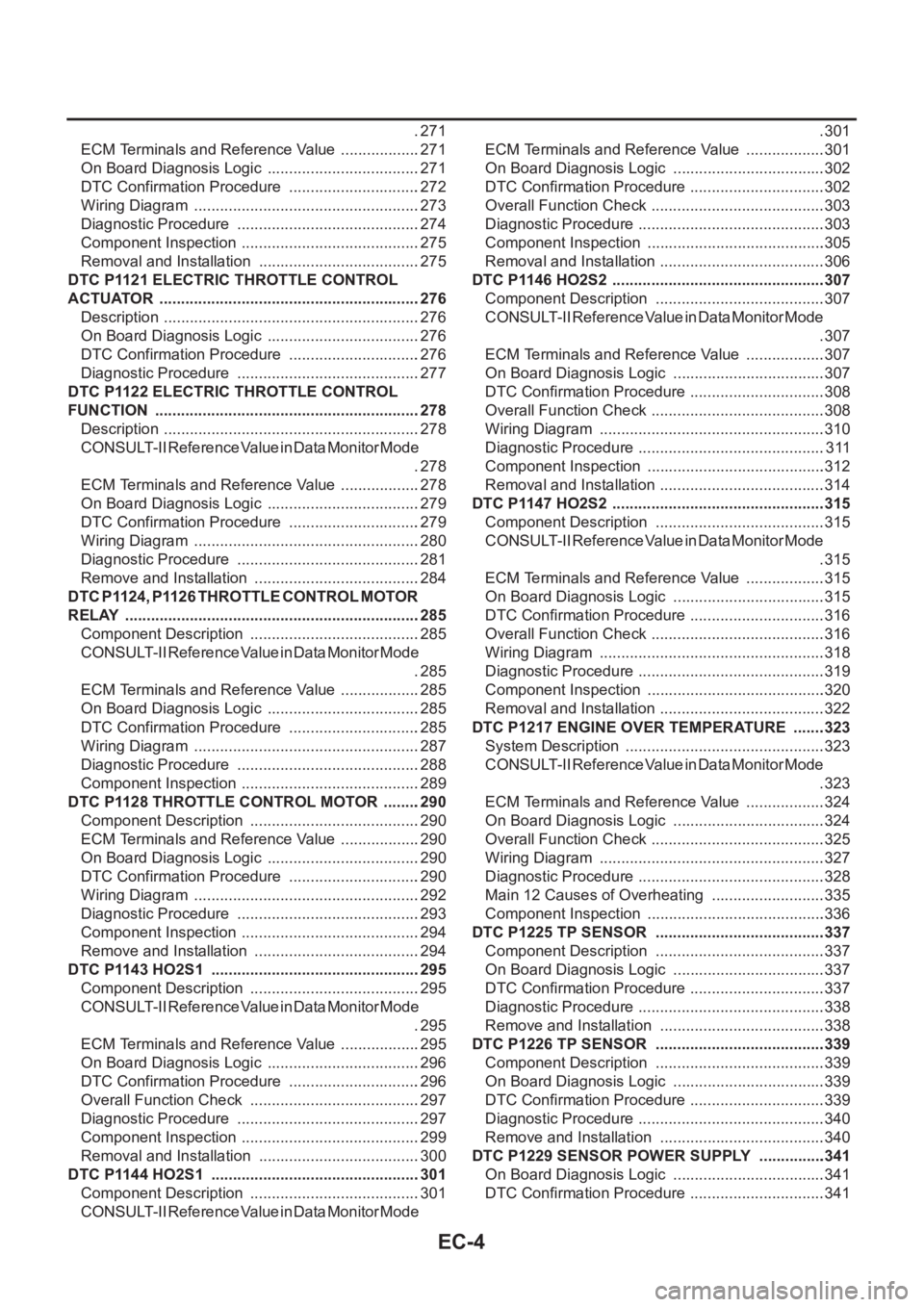NISSAN X-TRAIL 2001  Service Repair Manual EC-4
.271
ECM Terminals and Reference Value  ...................271
On Board Diagnosis Logic  ....................................271
DTC Confirmation Procedure  ...............................272
Wir