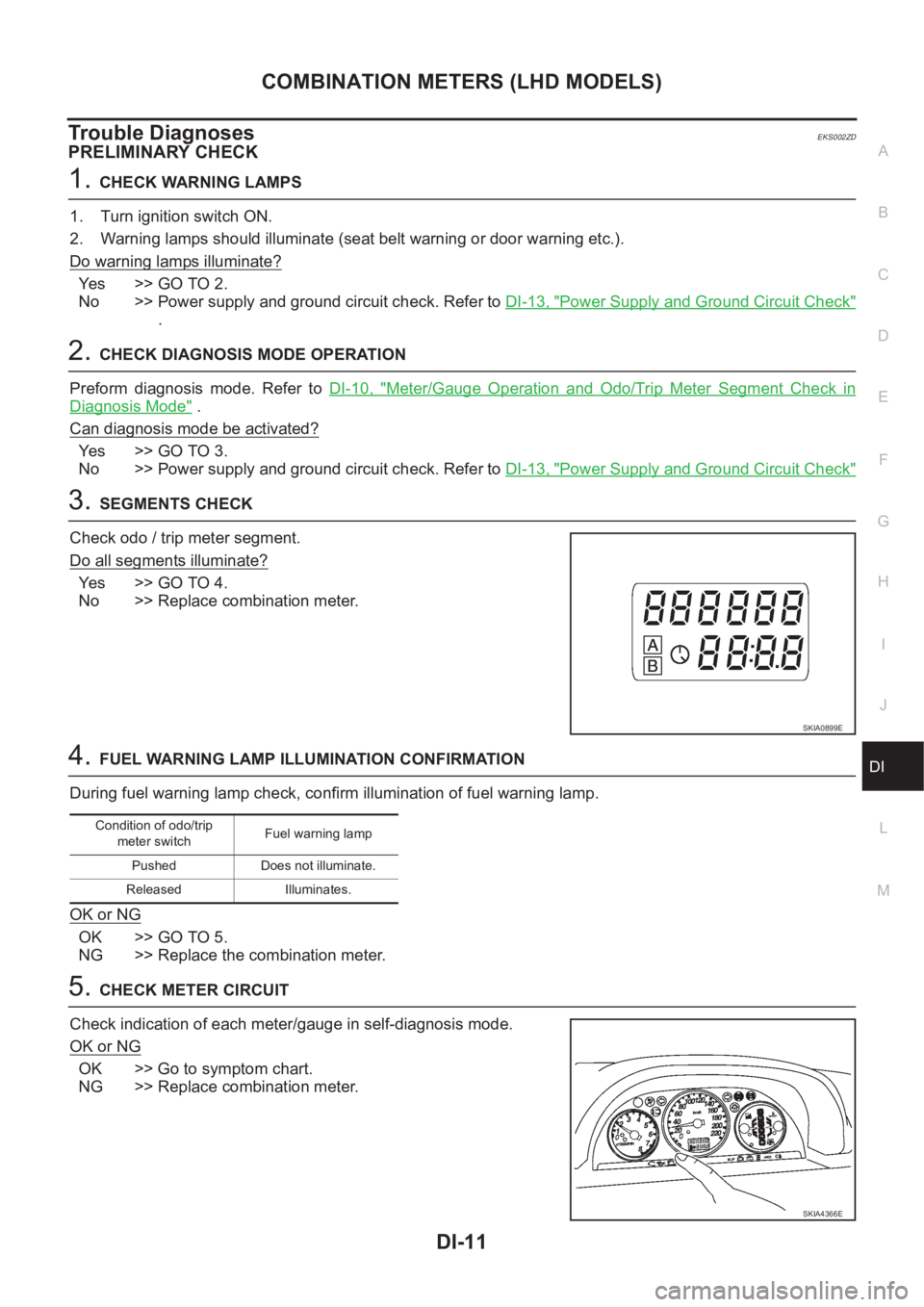 NISSAN X-TRAIL 2001 Service Repair Manual COMBINATION METERS (LHD MODELS)
DI-11
C
D
E
F
G
H
I
J
L
MA
B
DI
Trouble DiagnosesEKS002ZD
PRELIMINARY CHECK
1.CHECK WARNING LAMPS
1. Turn ignition switch ON.
2. Warning lamps should illuminate (seat b NISSAN X-TRAIL 2001 Service Repair Manual COMBINATION METERS (LHD MODELS)
DI-11
C
D
E
F
G
H
I
J
L
MA
B
DI
Trouble DiagnosesEKS002ZD
PRELIMINARY CHECK
1.CHECK WARNING LAMPS
1. Turn ignition switch ON.
2. Warning lamps should illuminate (seat b
