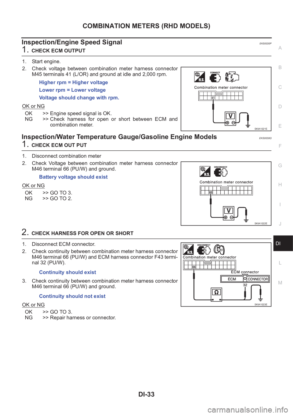 NISSAN X-TRAIL 2001  Service Repair Manual COMBINATION METERS (RHD MODELS)
DI-33
C
D
E
F
G
H
I
J
L
MA
B
DI
Inspection/Engine Speed SignalEKS0030P
1.CHECK ECM OUTPUT
1. Start engine.
2. Check  voltage  between  combination  meter  harness  conn