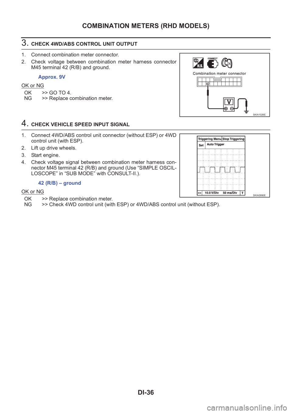 NISSAN X-TRAIL 2001  Service Repair Manual DI-36
COMBINATION METERS (RHD MODELS)
3. CHECK 4WD/ABS CONTROL UNIT OUTPUT
1. Connect combination meter connector.
2. Check  voltage  between  combination  meter  harness  connector
M45 terminal 42 (R