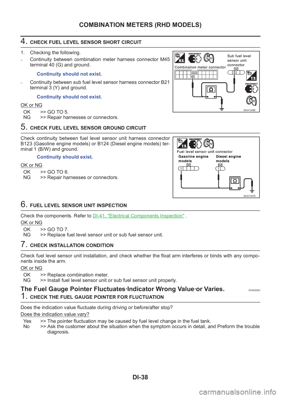 NISSAN X-TRAIL 2001  Service Repair Manual DI-38
COMBINATION METERS (RHD MODELS)
4. CHECK FUEL LEVEL SENSOR SHORT CIRCUIT
1. Checking the following.
–Continuity  between  combination  meter  harness  connector  M45
terminal 40 (G) and ground