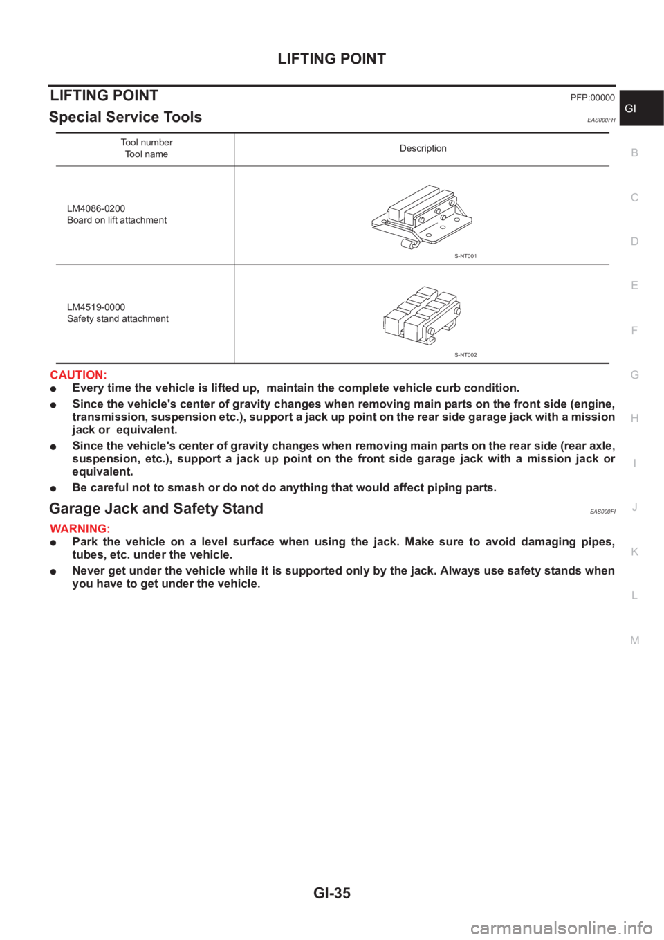 NISSAN X-TRAIL 2001 Service Repair Manual LIFTING POINT
GI-35
C
D
E
F
G
H
I
J
K
L
MB
GI
LIFTING POINTPFP:00000
Special Service Tools EAS000FH
CAUTION:
●Every time the vehicle is lifted up, maintain the complete vehicle curb condition.
●S NISSAN X-TRAIL 2001 Service Repair Manual LIFTING POINT
GI-35
C
D
E
F
G
H
I
J
K
L
MB
GI
LIFTING POINTPFP:00000
Special Service Tools EAS000FH
CAUTION:
●Every time the vehicle is lifted up, maintain the complete vehicle curb condition.
●S